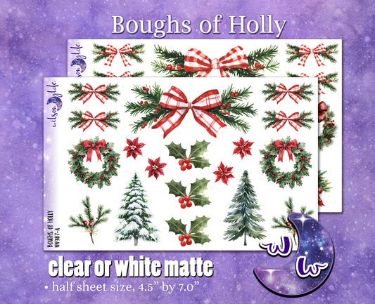Boughs of Holly deco planner stickers, Matte or frosted clear. WW987