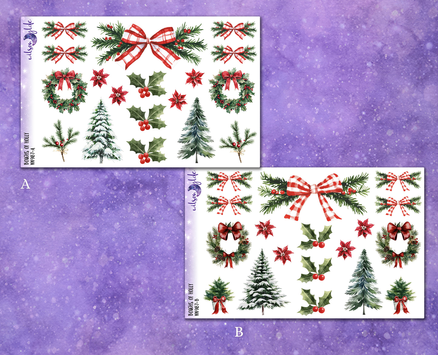 Boughs of Holly deco planner stickers, Matte or frosted clear. WW987