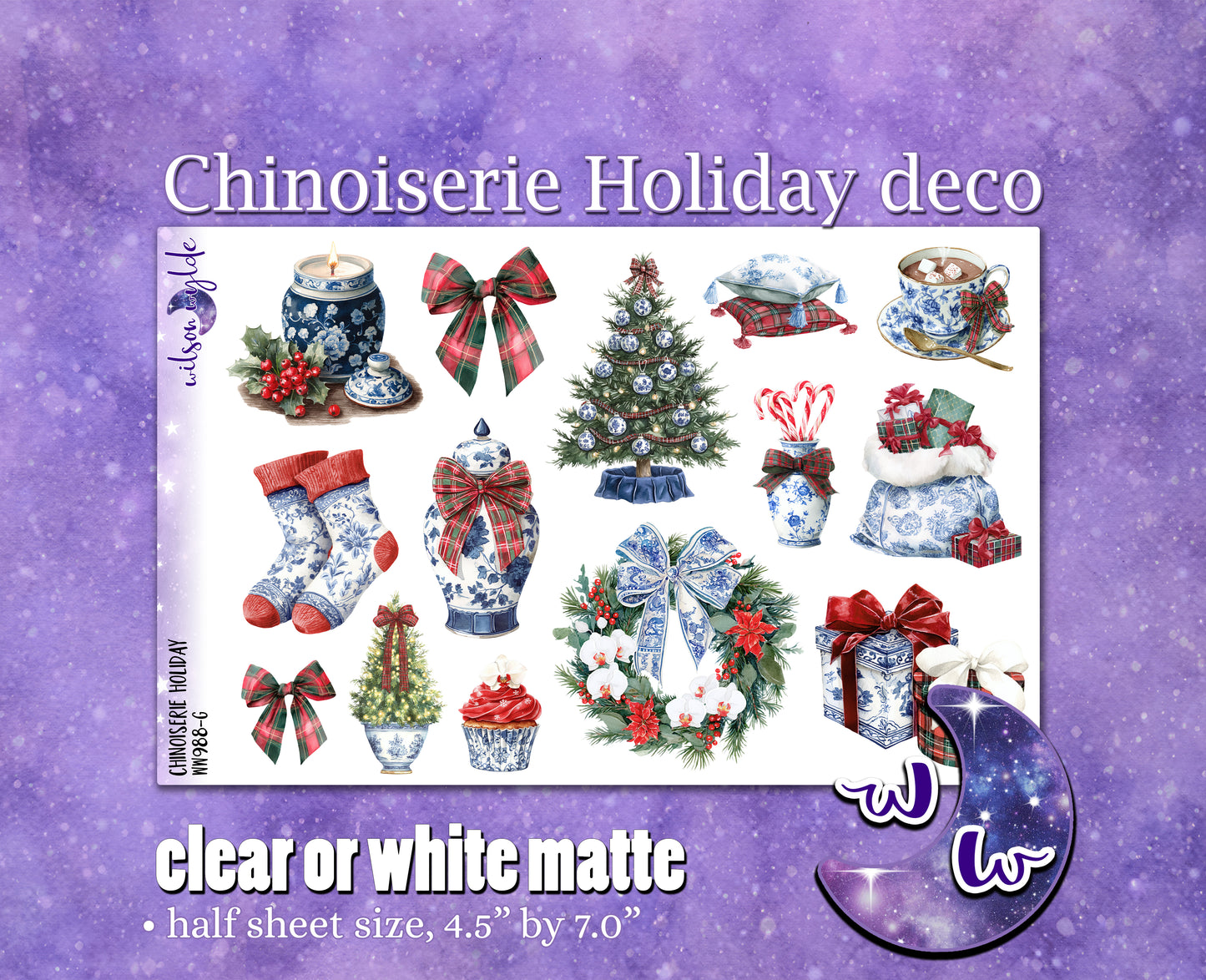 Chinoiserie Holiday deco planner stickers, Matte or frosted clear. WW988