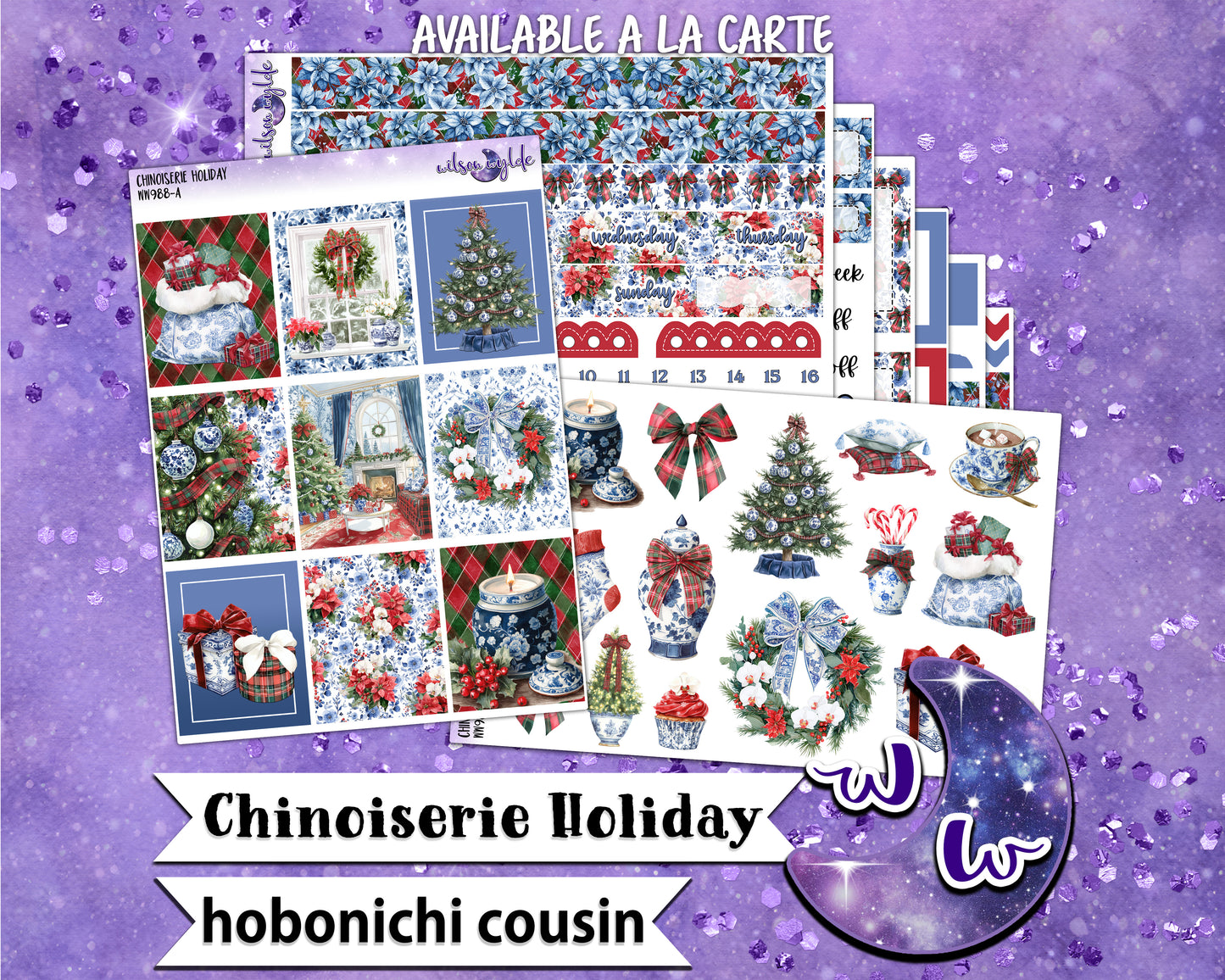 Chinoiserie Holiday weekly sticker kit, HOBONICHI COUSIN format, a la carte and bundle options. WW988
