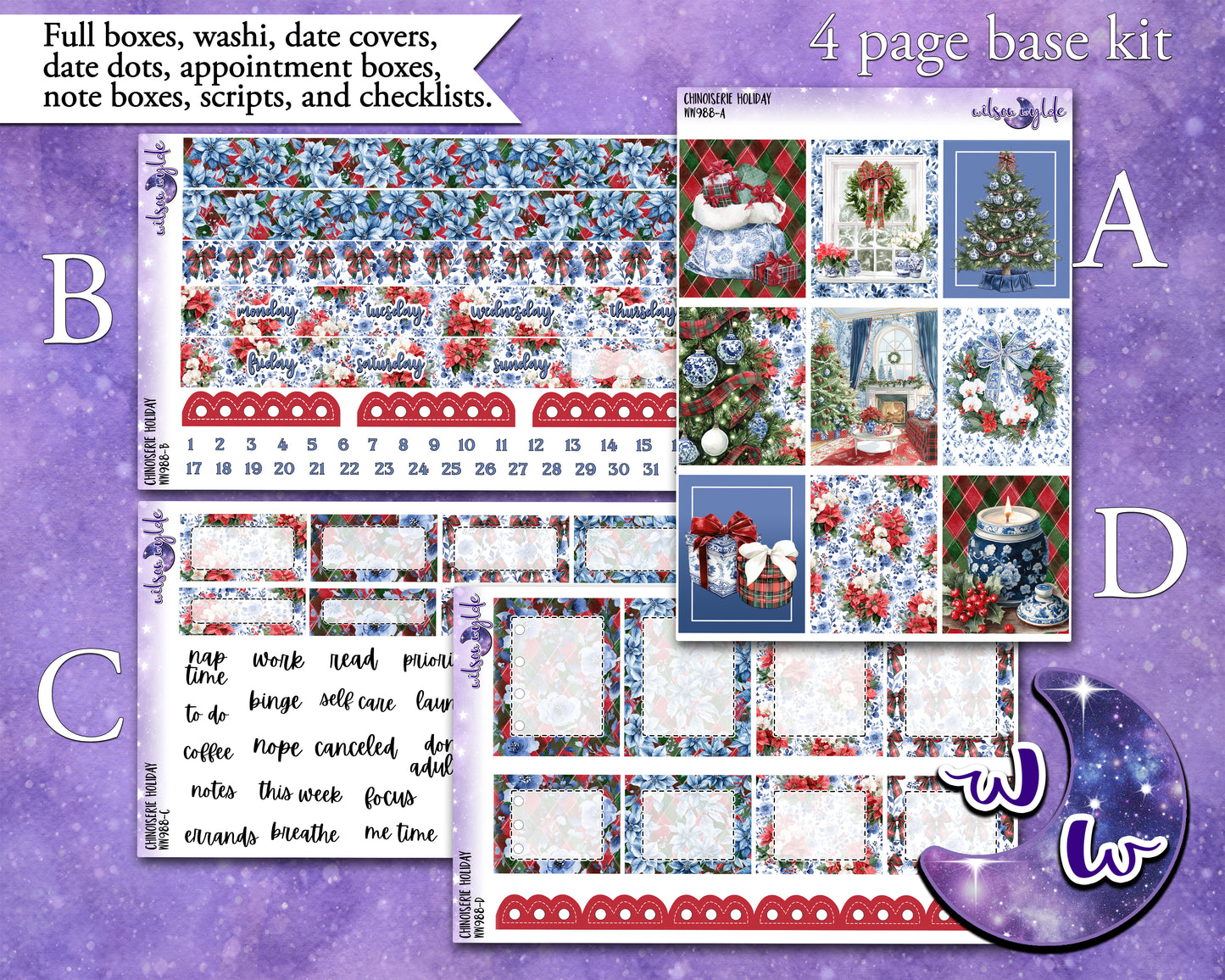 Chinoiserie Holiday weekly sticker kit, STANDARD VERTICAL format, a la carte and bundle options. WW988