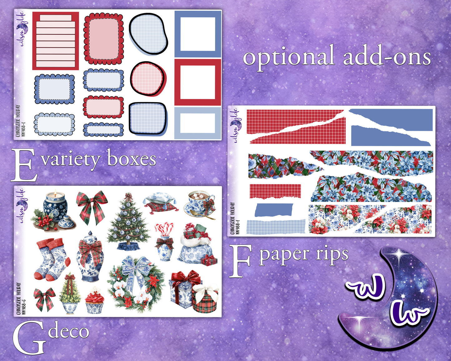 Chinoiserie Holiday weekly sticker kit, STANDARD VERTICAL format, a la carte and bundle options. WW988
