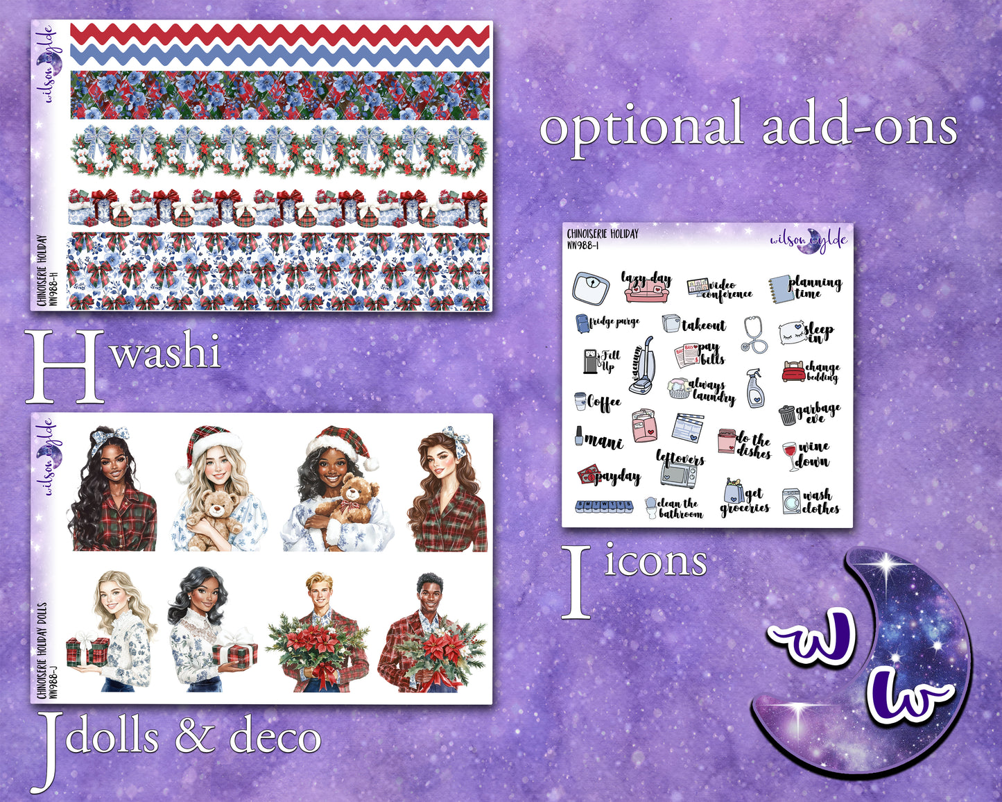Chinoiserie Holiday weekly sticker kit, STANDARD VERTICAL format, a la carte and bundle options. WW988