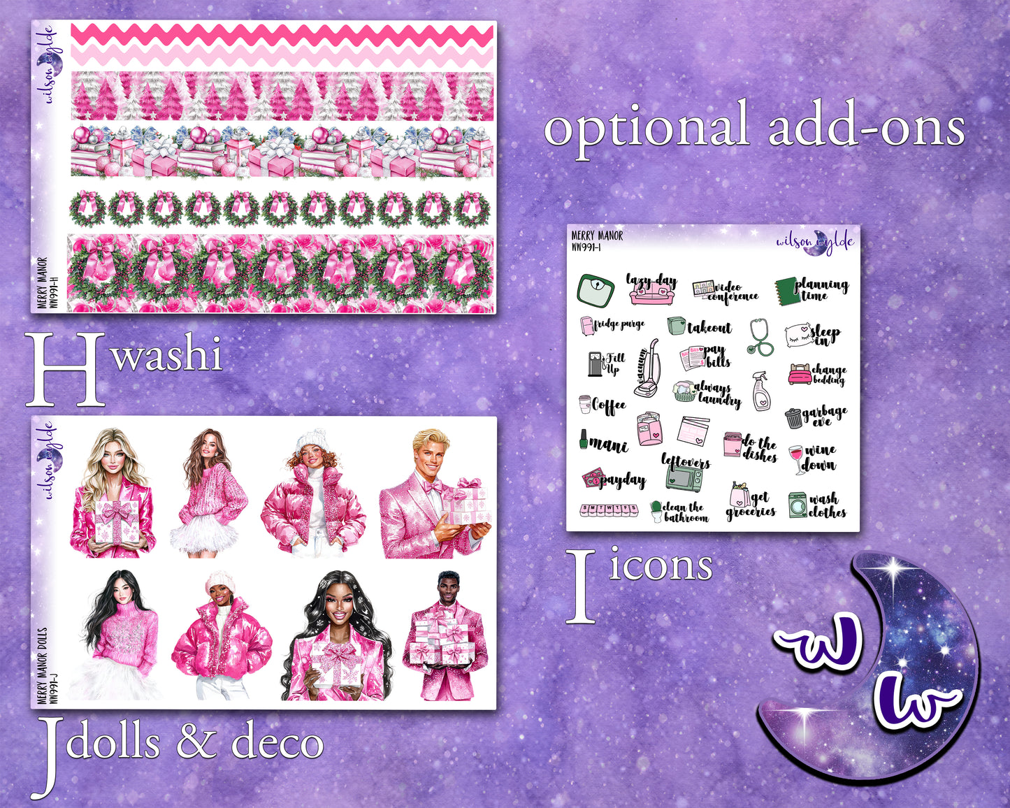 Merry Manor weekly sticker kit, HOBONICHI COUSIN format, a la carte and bundle options. WW991