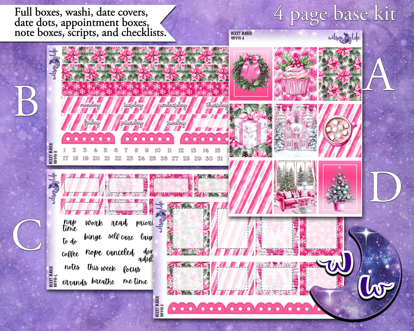 Merry Manor weekly sticker kit, HOBONICHI COUSIN format, a la carte and bundle options. WW991