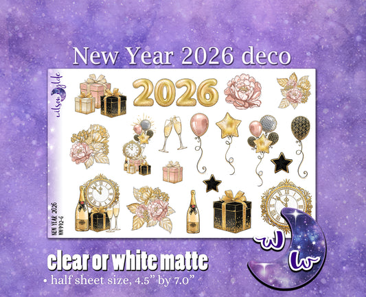 New Year 2026 deco planner stickers, Matte or frosted clear. WW992
