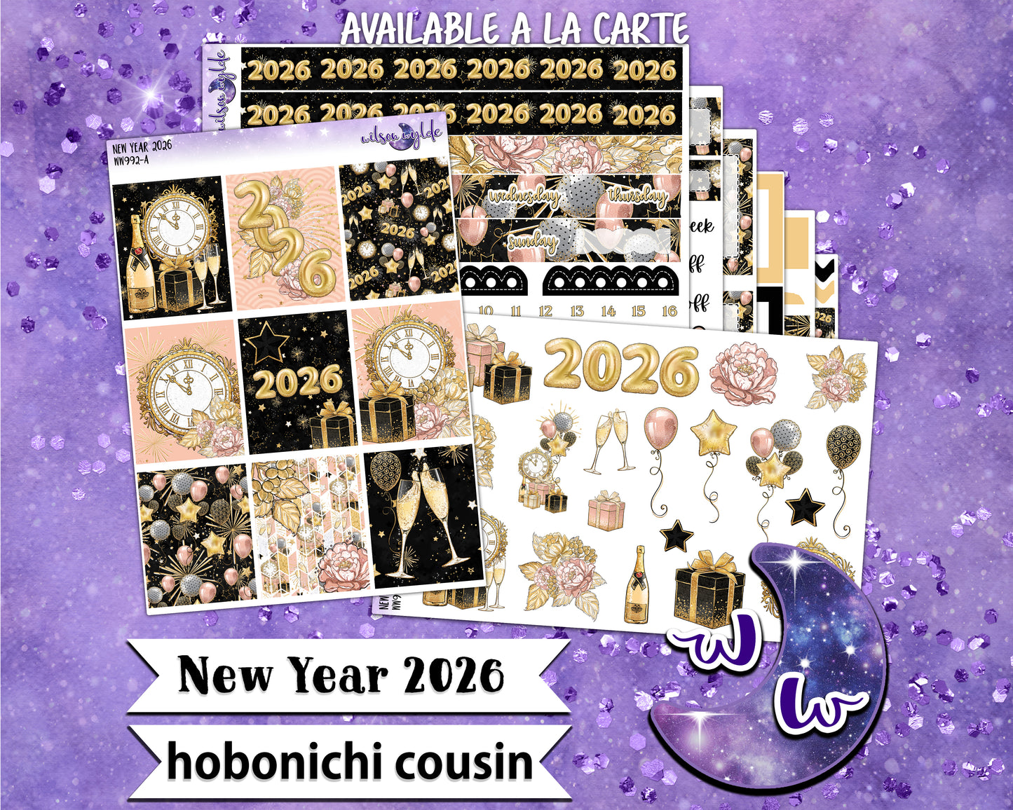 New Year 2026 weekly sticker kit, HOBONICHI COUSIN format, a la carte and bundle options. WW992