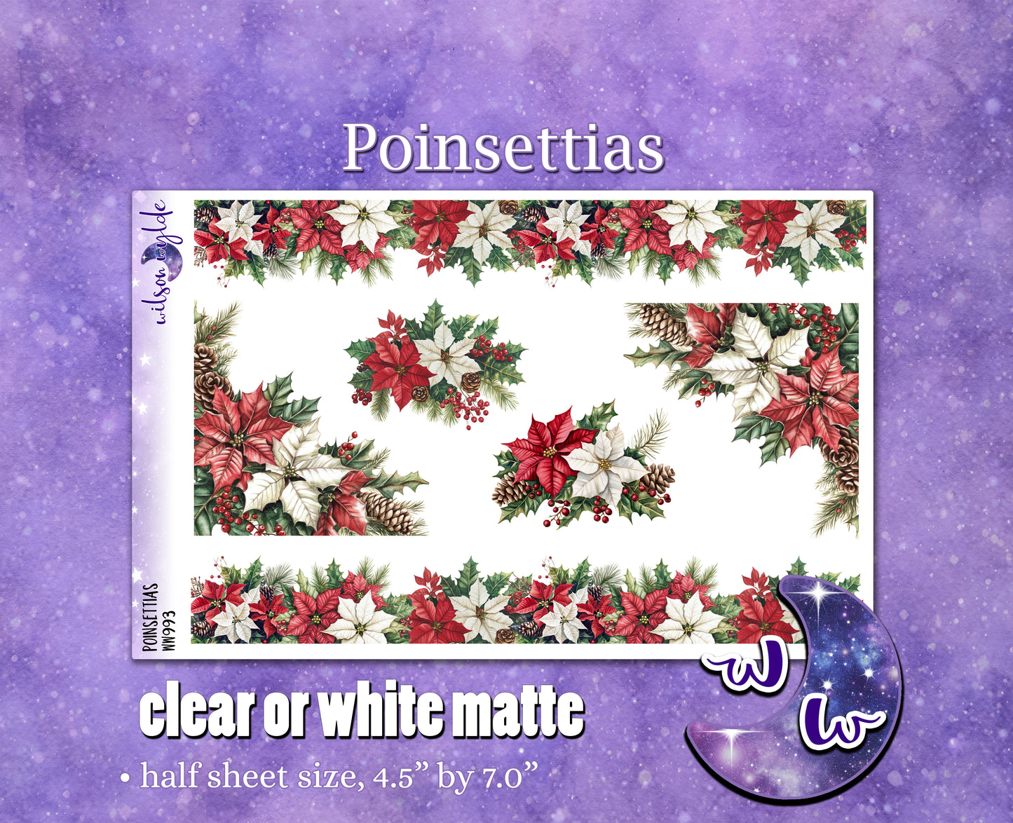 Poinsettias deco planner stickers, Matte or frosted clear. WW993
