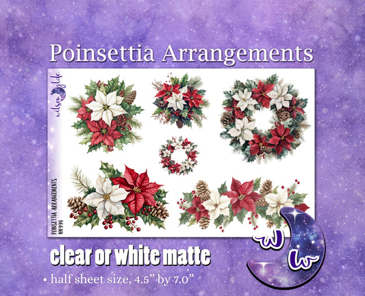 Poinsettia Arrangements deco planner stickers, Matte or frosted clear. WW994