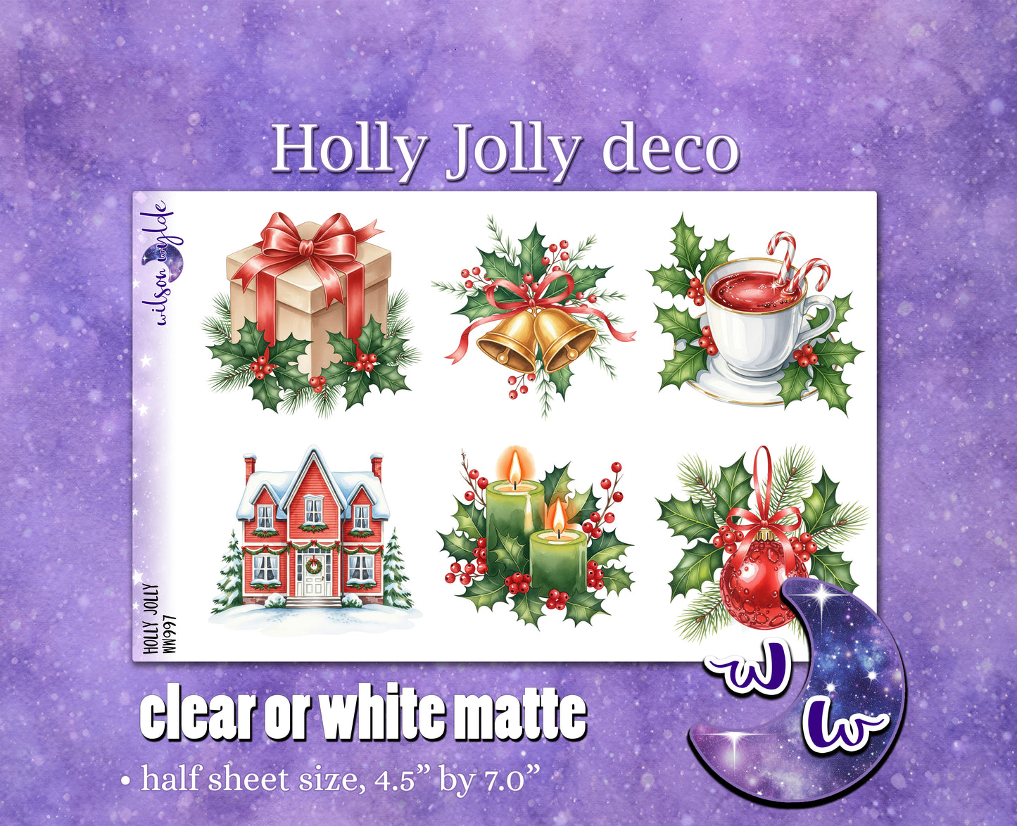 Holly Jolly deco planner stickers, Matte or frosted clear. WW997