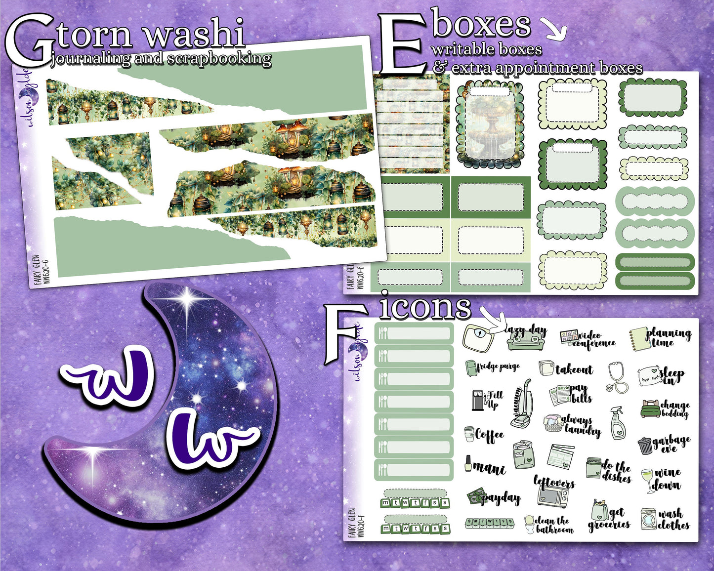 Fairy Glen full weekly sticker kit, HOBONICHI COUSIN format, a la carte and bundle options. WW620