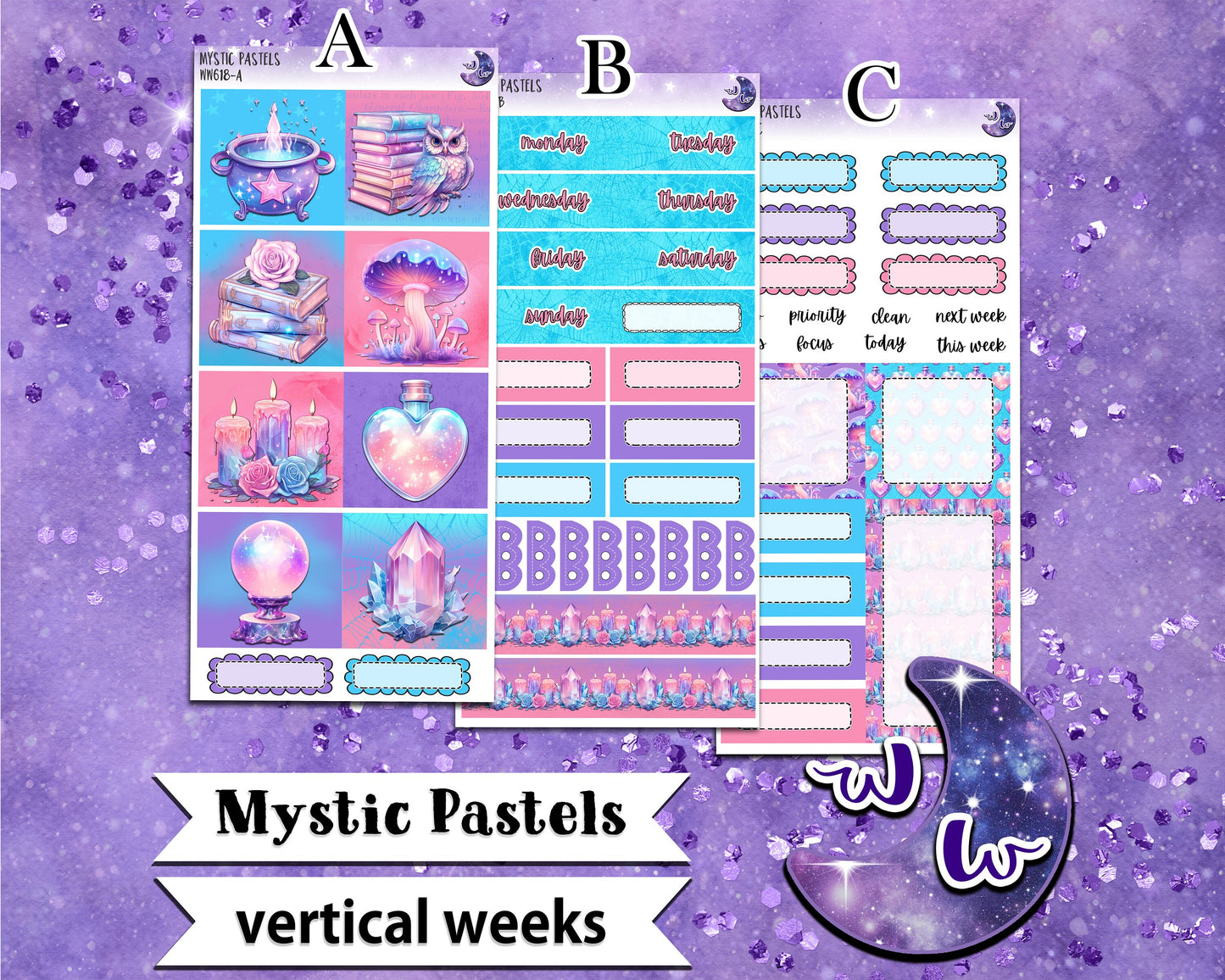 Mystic Pastels weekly sticker kit, VERTICAL WEEKS format, Print Pression weeks, a la carte and bundle options. WW618