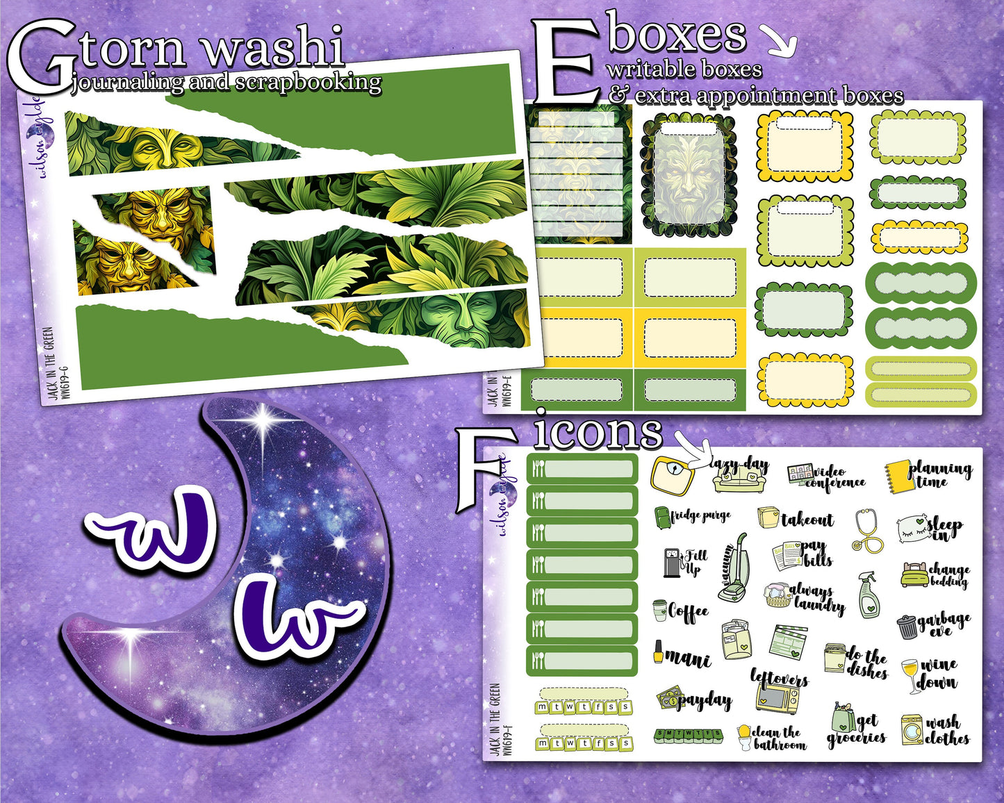 Jack in the Green full weekly sticker kit, HOBONICHI COUSIN format, a la carte and bundle options. WW619