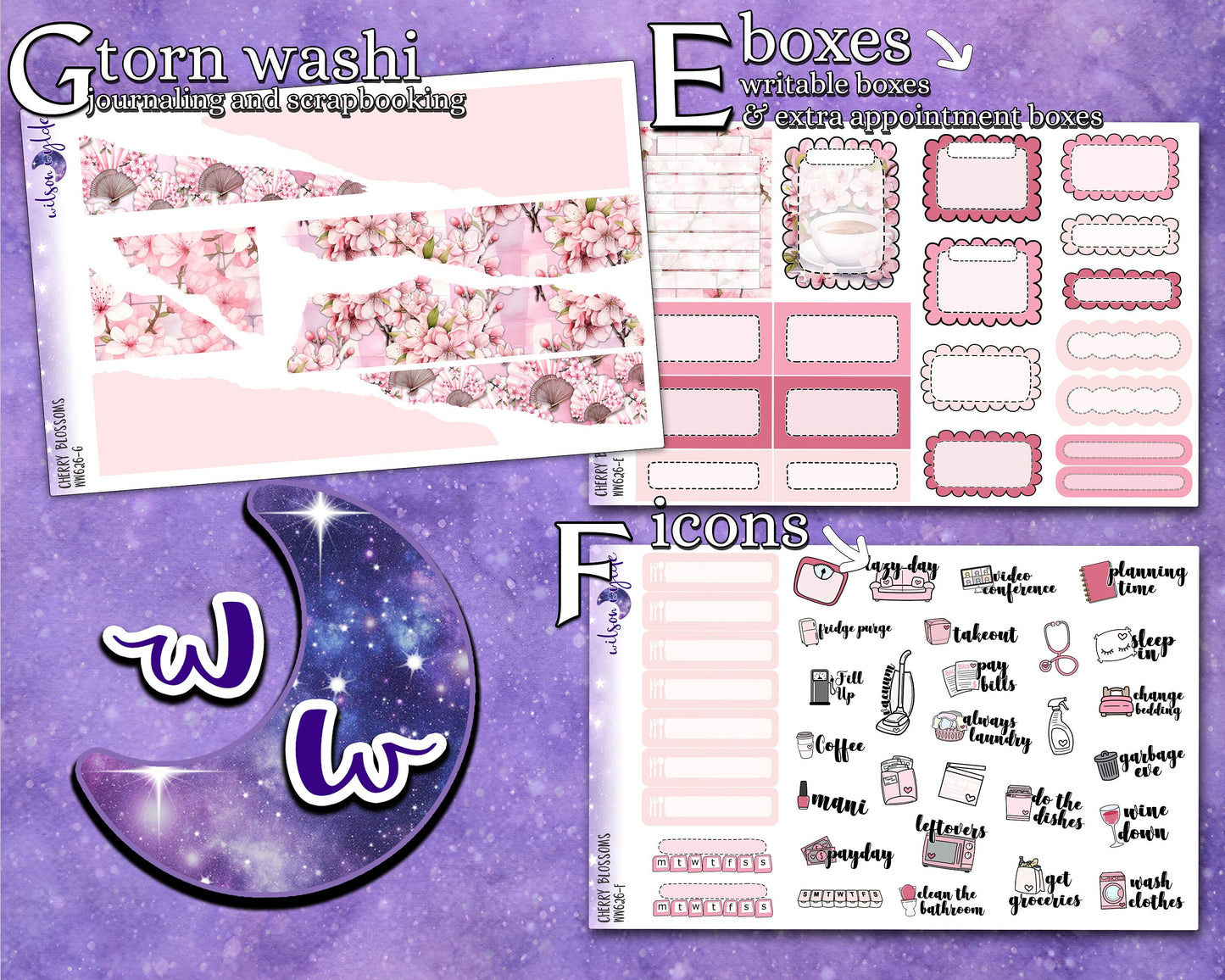 Cherry Blossoms full weekly sticker kit, STANDARD VERTICAL format, a la carte and bundle options. WW626