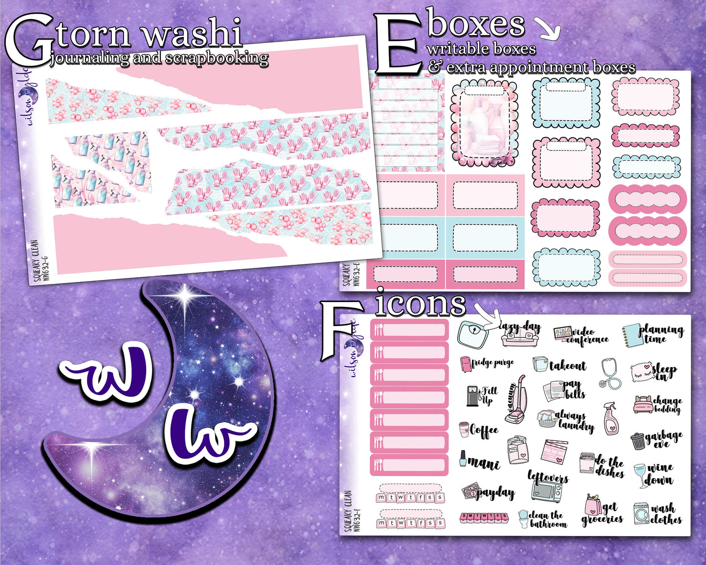 Squeaky Clean full weekly sticker kit, HOBONICHI COUSIN format, a la carte and bundle options. WW632