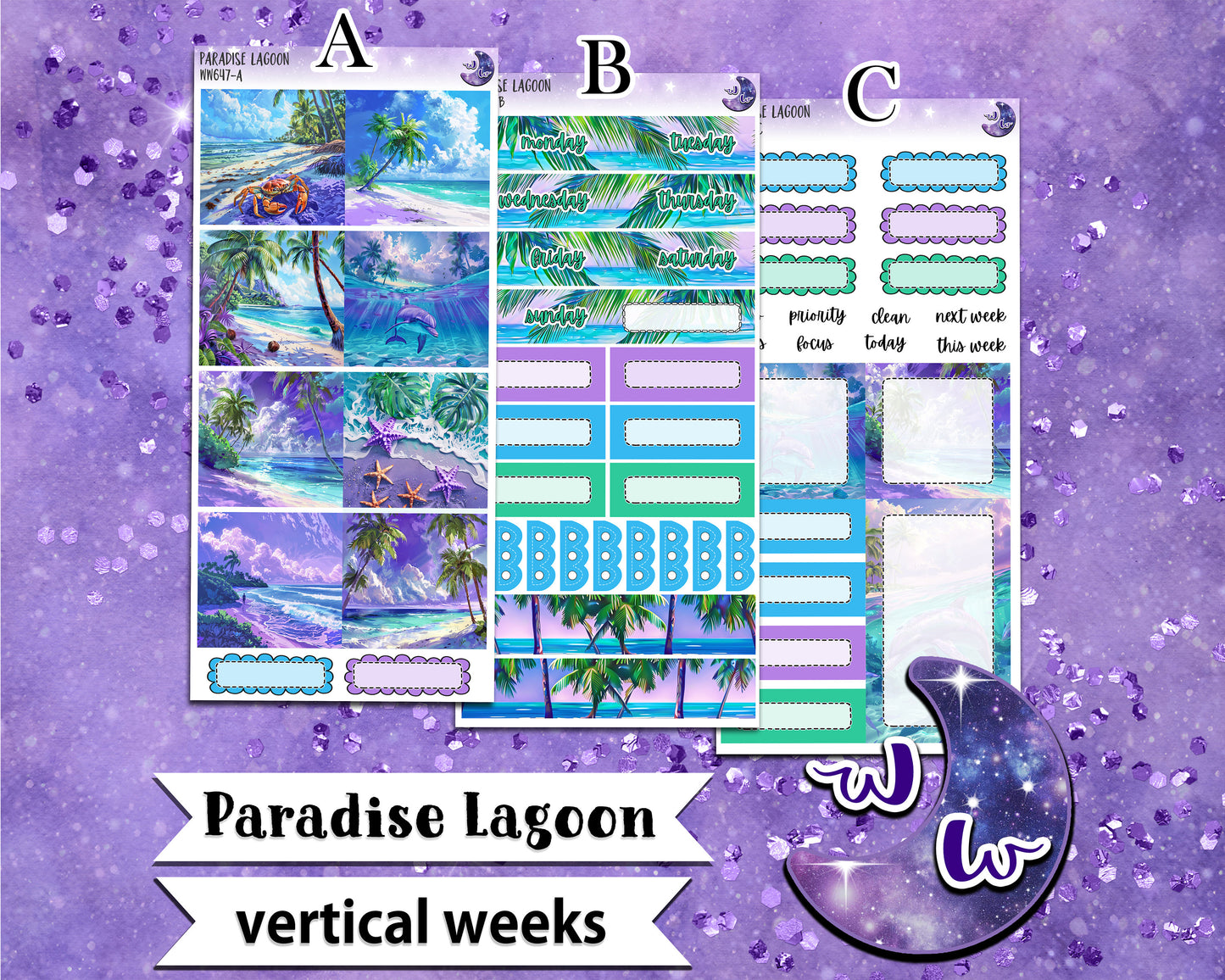 Paradise Lagoon weekly sticker kit, VERTICAL WEEKS format, Print Pression weeks, a la carte and bundle options. WW647