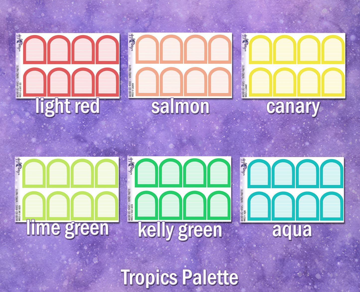 Arched list boxes, Tropics palette, functional deco planner stickers, WW657