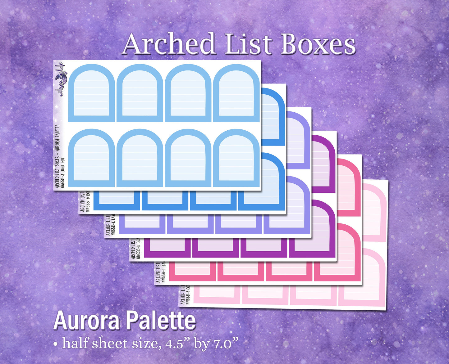 Arched list boxes, Aurora palette, functional deco planner stickers, WW658