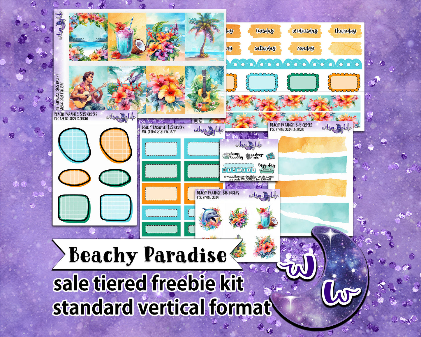 Beachy Paradise, tiered freebie kit, standard vertical format. 7 planner sticker sheets, includes deco, full and appointment boxes.