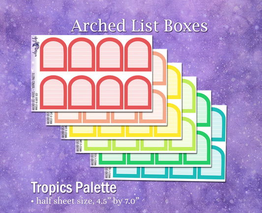 Arched list boxes, Tropics palette, functional deco planner stickers, WW657