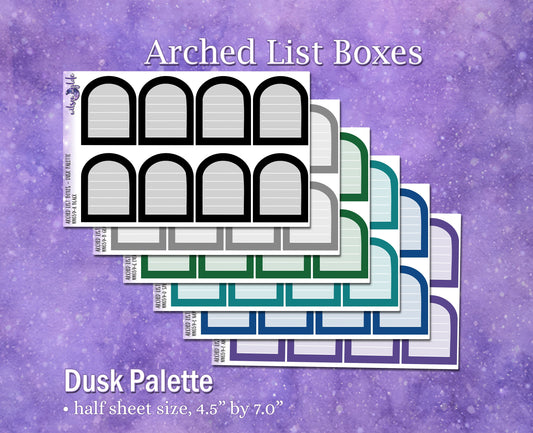 Arched list boxes, Dusk palette, functional deco planner stickers, WW659