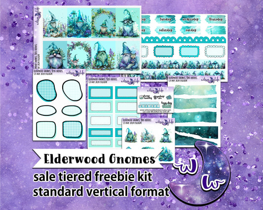 Elderwood Gnomes, tiered freebie kit, standard vertical format. 7 planner sticker sheets, includes deco, full and appointment boxes.