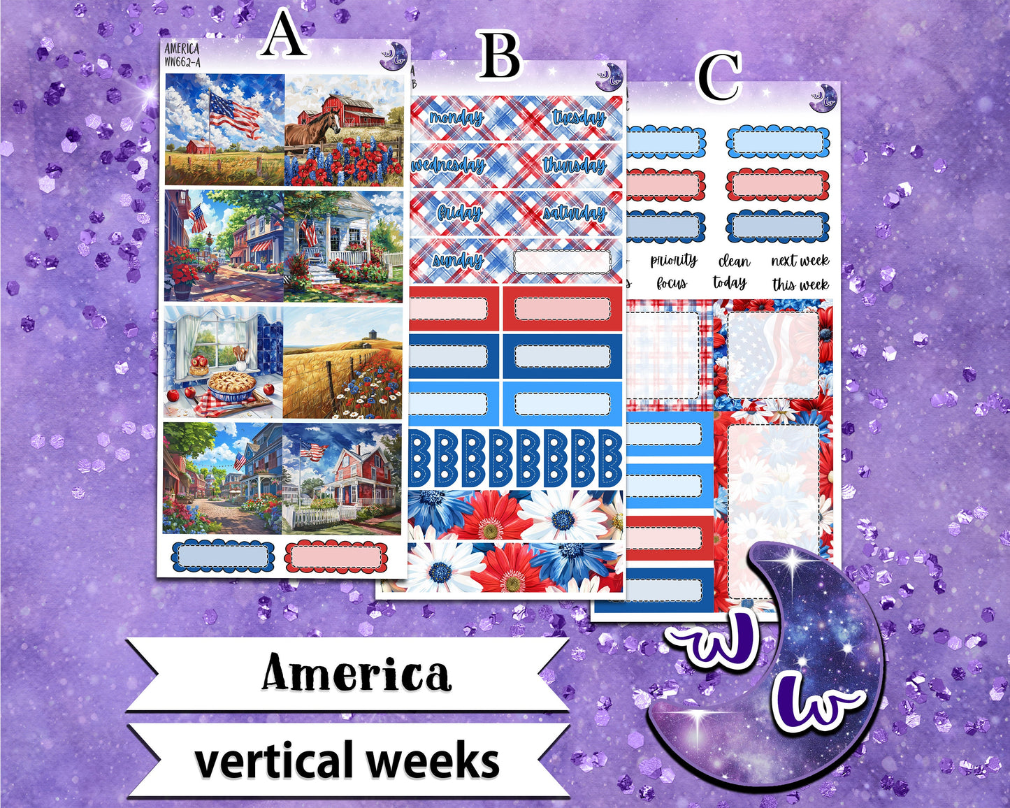 America weekly sticker kit, VERTICAL WEEKS format, Print Pression weeks, a la carte and bundle options. WW662