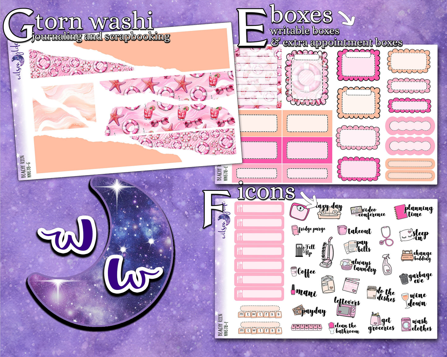 Beachy Keen full weekly sticker kit, HOBONICHI COUSIN format, a la carte and bundle options. WW678