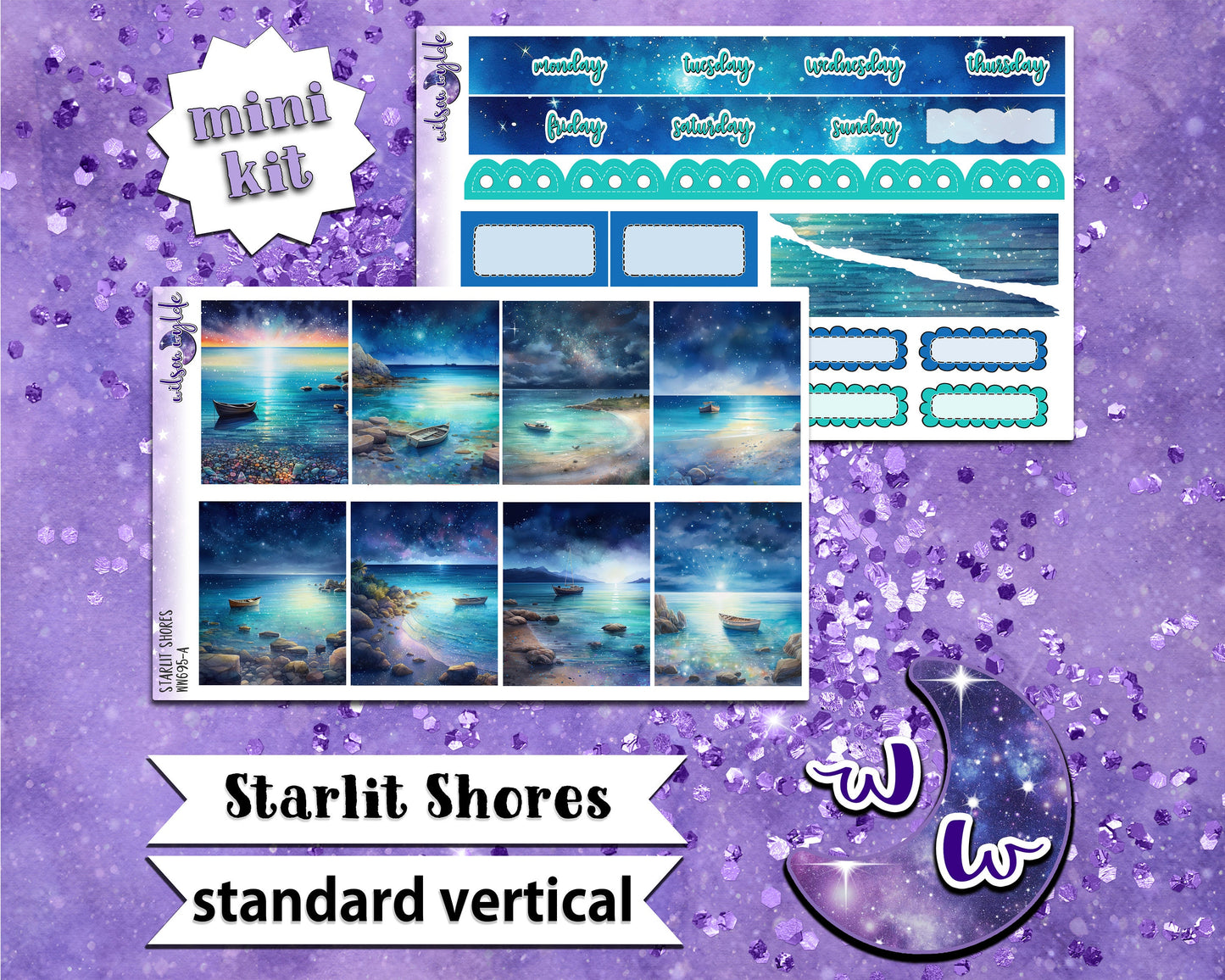 Starlit Shores mini weekly sticker kit, STANDARD VERTICAL format, a la carte and bundle options. WW695