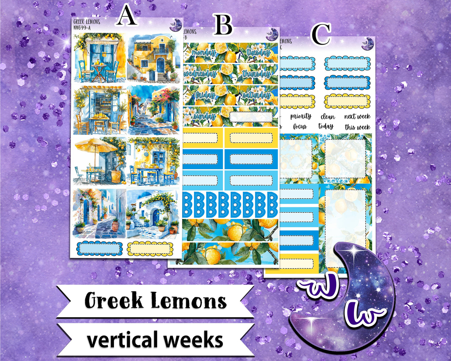 Greek Lemons weekly sticker kit, VERTICAL WEEKS format, Print Pression weeks, a la carte and bundle options. WW699