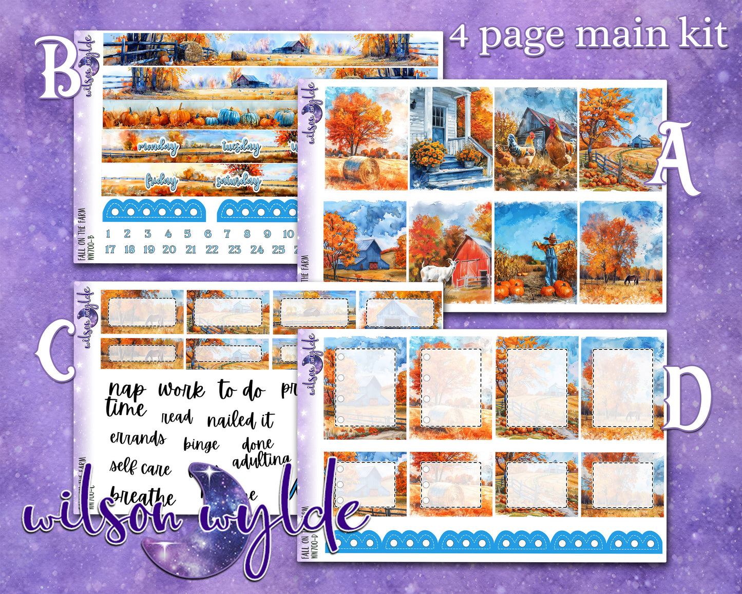 Fall on the Farm full weekly sticker kit, STANDARD VERTICAL format, a la carte and bundle options. WW700