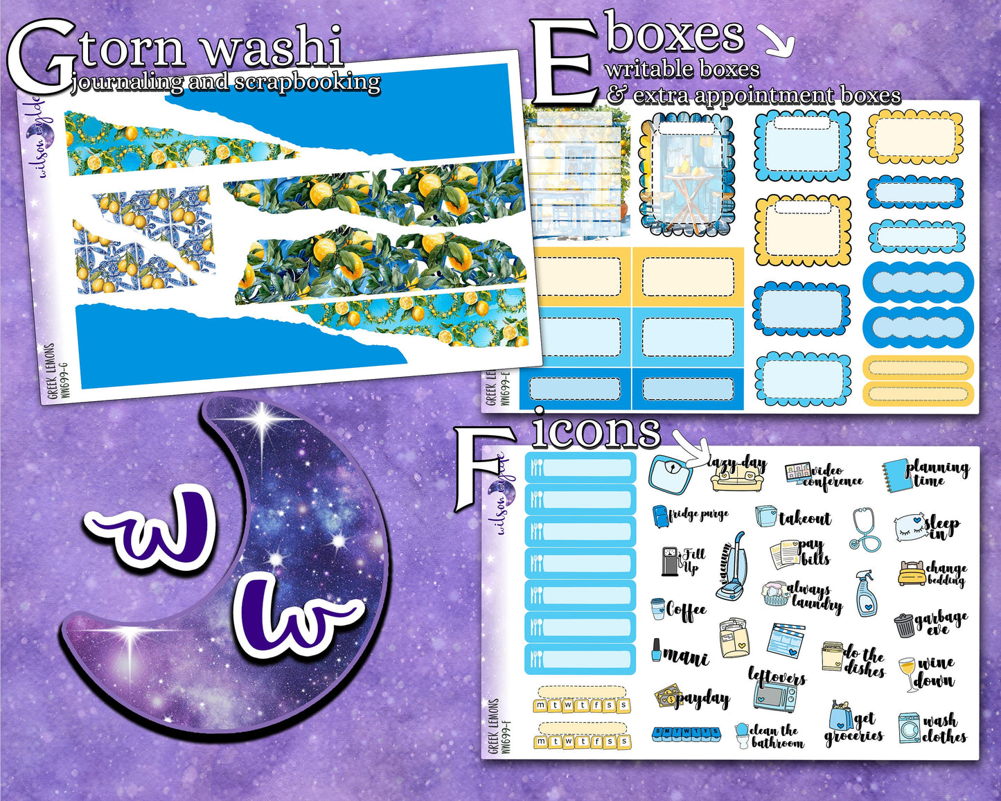 Greek Lemons full weekly sticker kit, STANDARD VERTICAL format, a la carte and bundle options. WW699
