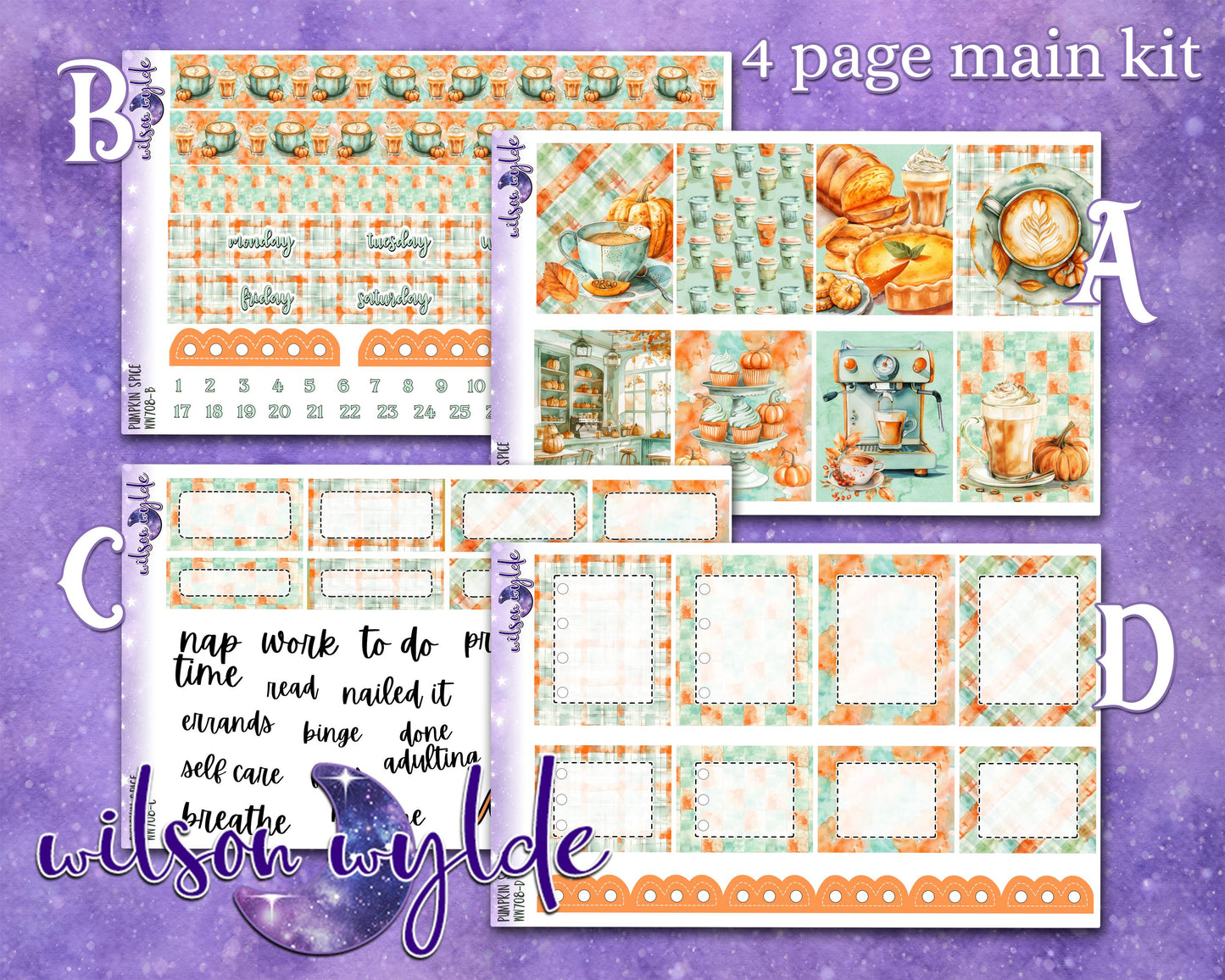 Pumpkin Spice full weekly sticker kit, STANDARD VERTICAL format, a la carte and bundle options. WW708