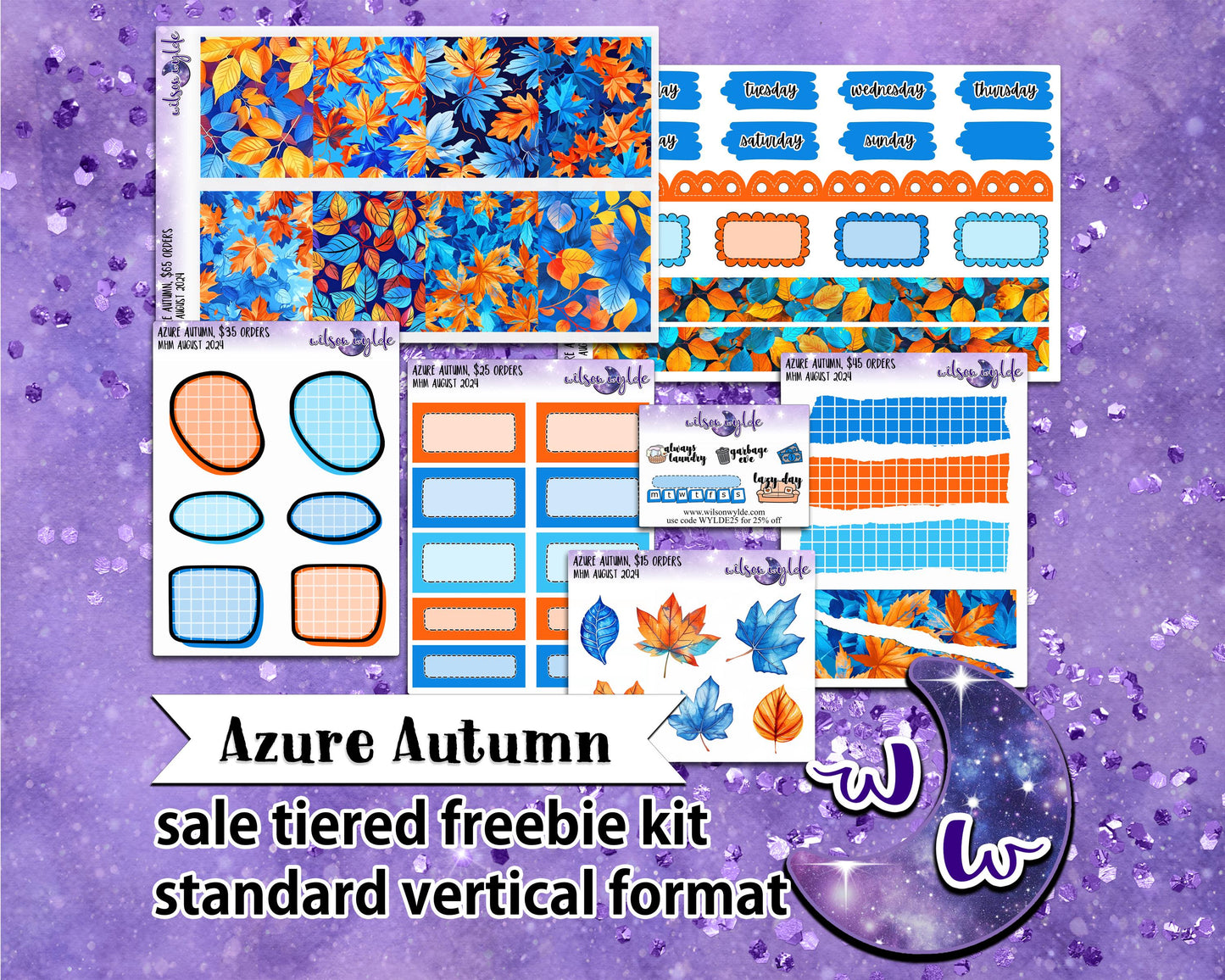 Azure Autumn, tiered freebie kit, standard vertical format. 7 planner sticker sheets, includes deco, full and appointment boxes.