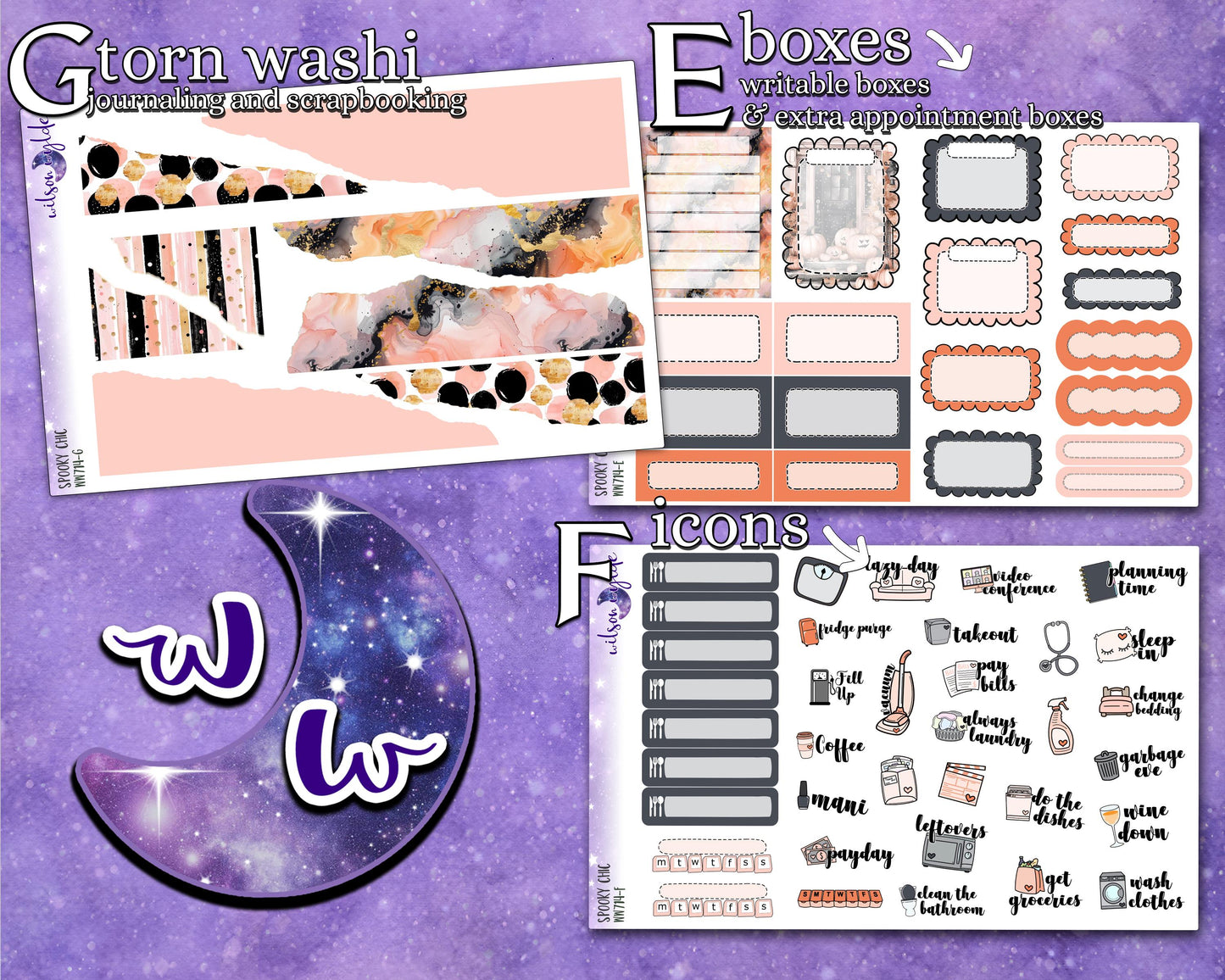 Spooky Chic full weekly sticker kit, HOBONICHI COUSIN format, a la carte and bundle options. WW714