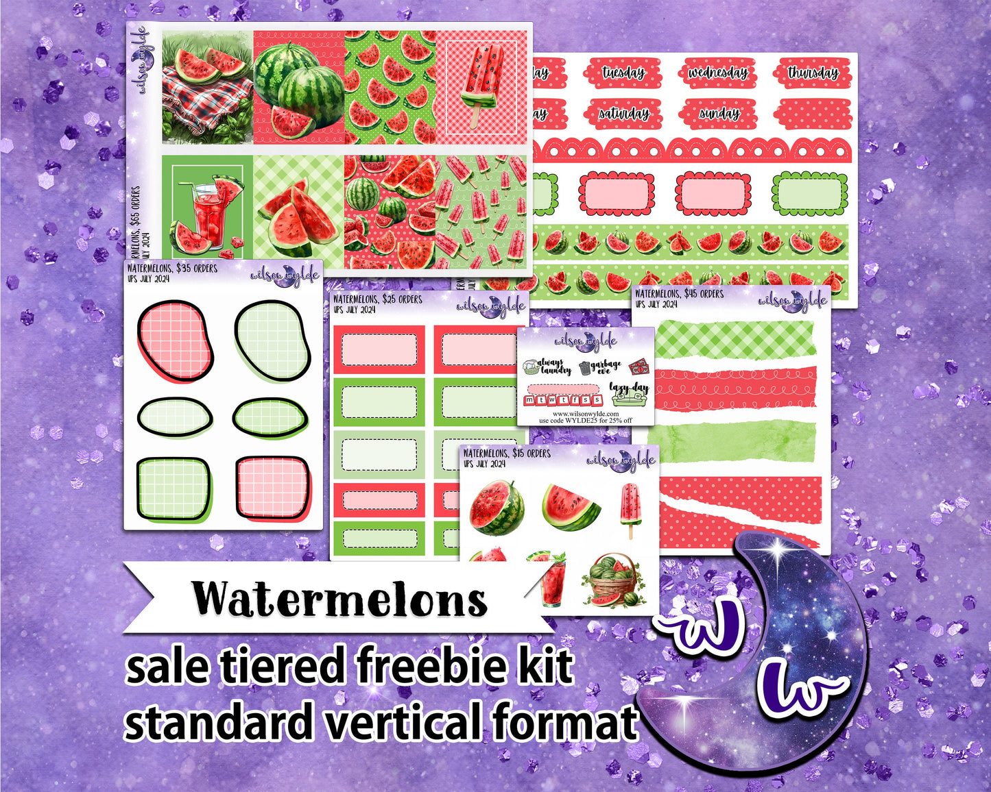 Watermelons, tiered freebie kit, standard vertical format. 7 planner sticker sheets, includes deco, full and appointment boxes.