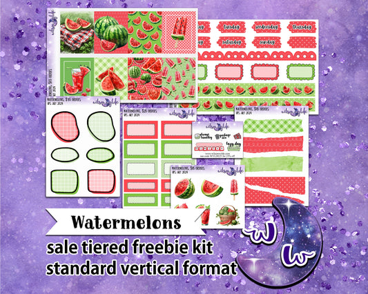 Watermelons, tiered freebie kit, standard vertical format. 7 planner sticker sheets, includes deco, full and appointment boxes.