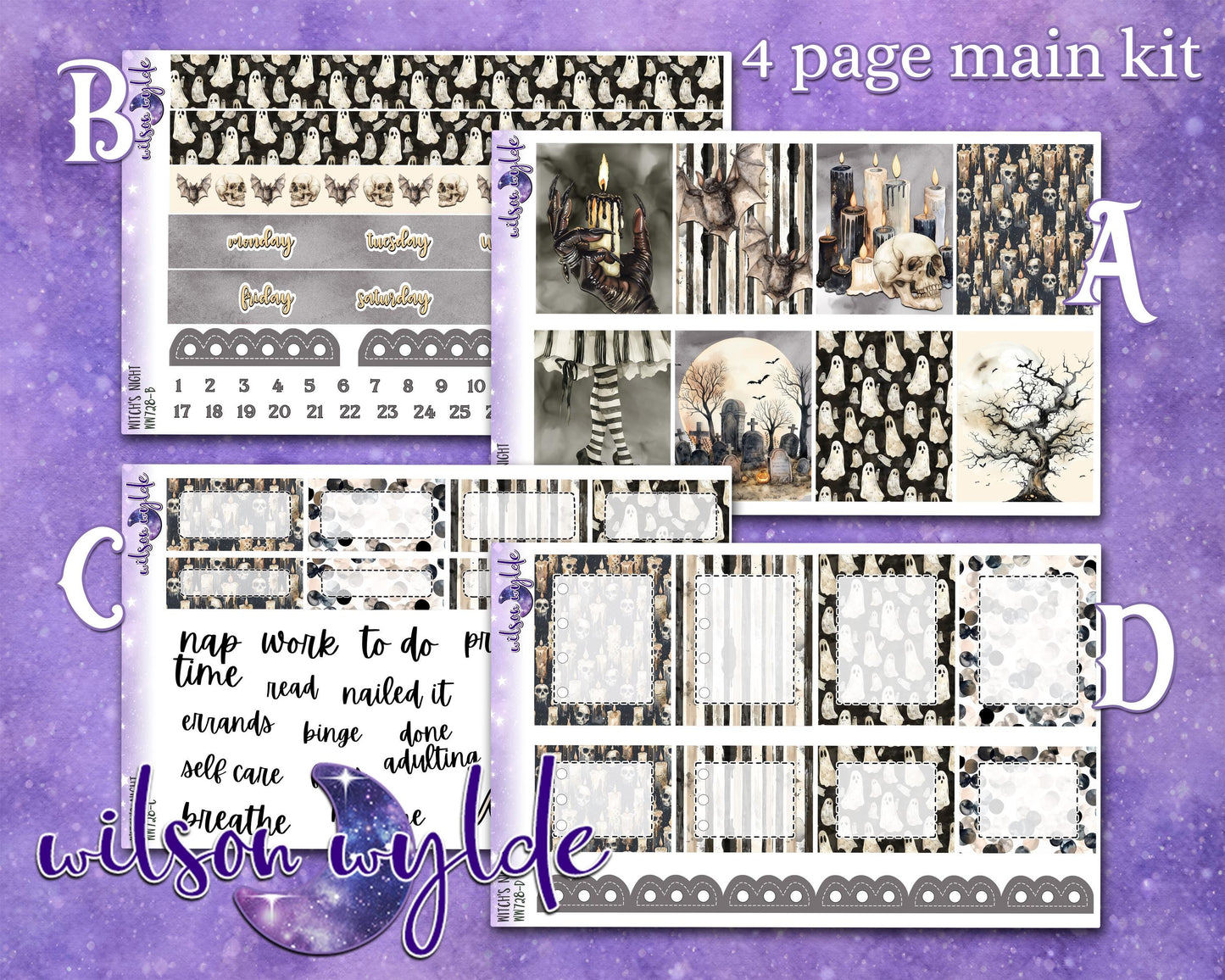 Witch's Night full weekly sticker kit, HOBONICHI COUSIN format, a la carte and bundle options. WW728