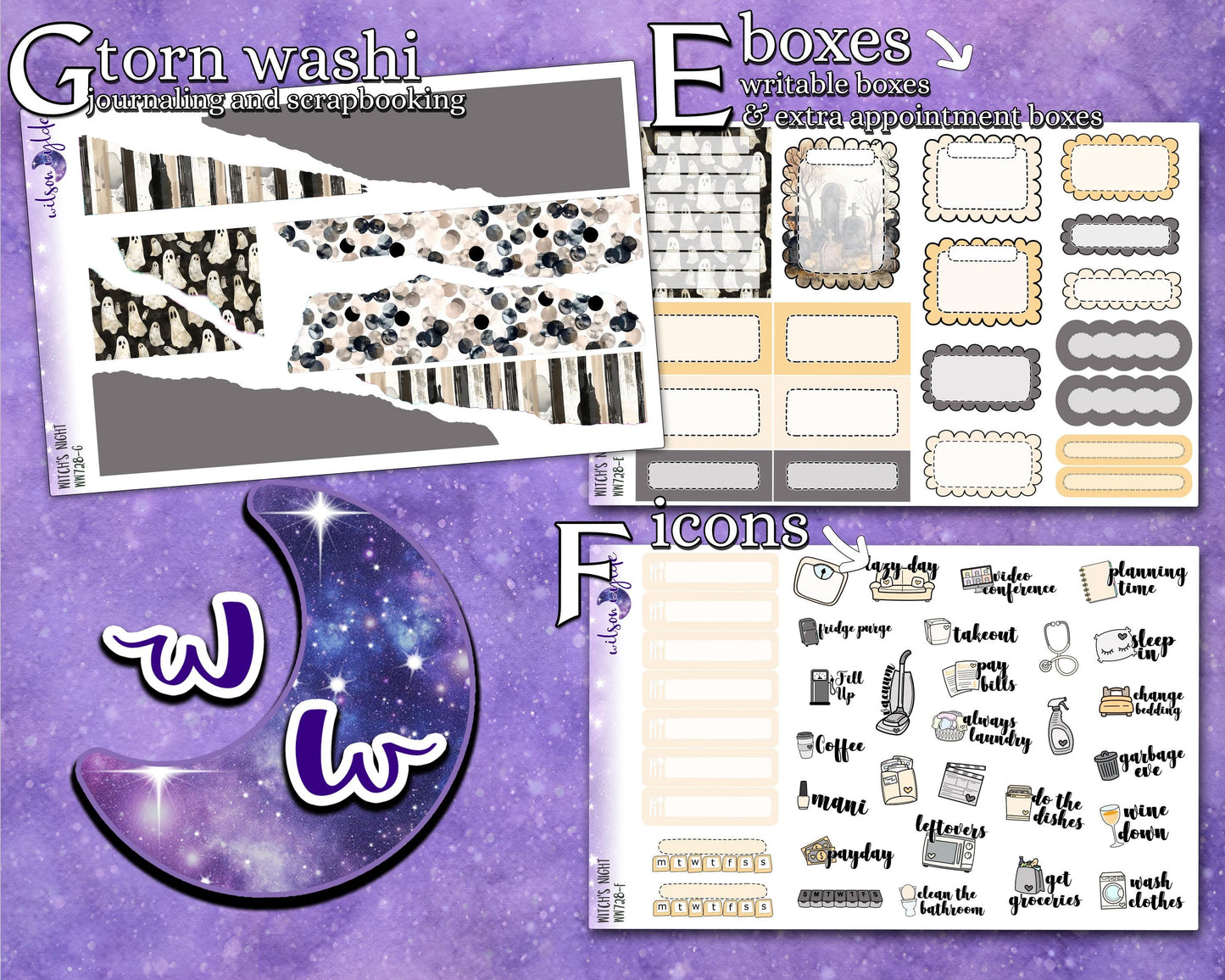 Witch's Night full weekly sticker kit, STANDARD VERTICAL format, a la carte and bundle options. WW728