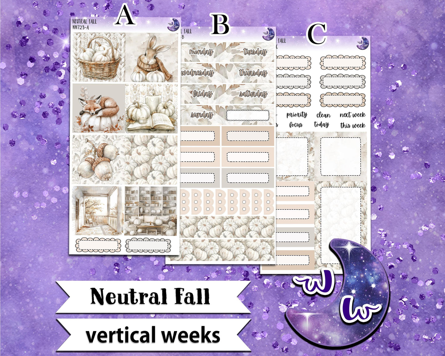 Neutral Fall weekly sticker kit, VERTICAL WEEKS format, Print Pression weeks, a la carte and bundle options. WW723