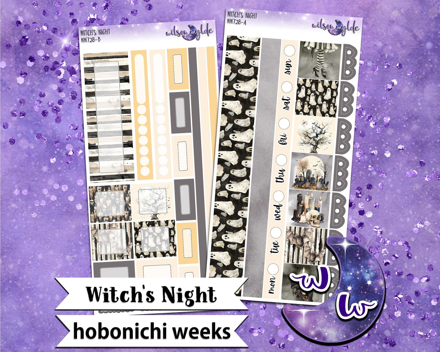 Witch's Night weekly sticker kit, HOBONICHI WEEKS format, a la carte and bundle options. WW728