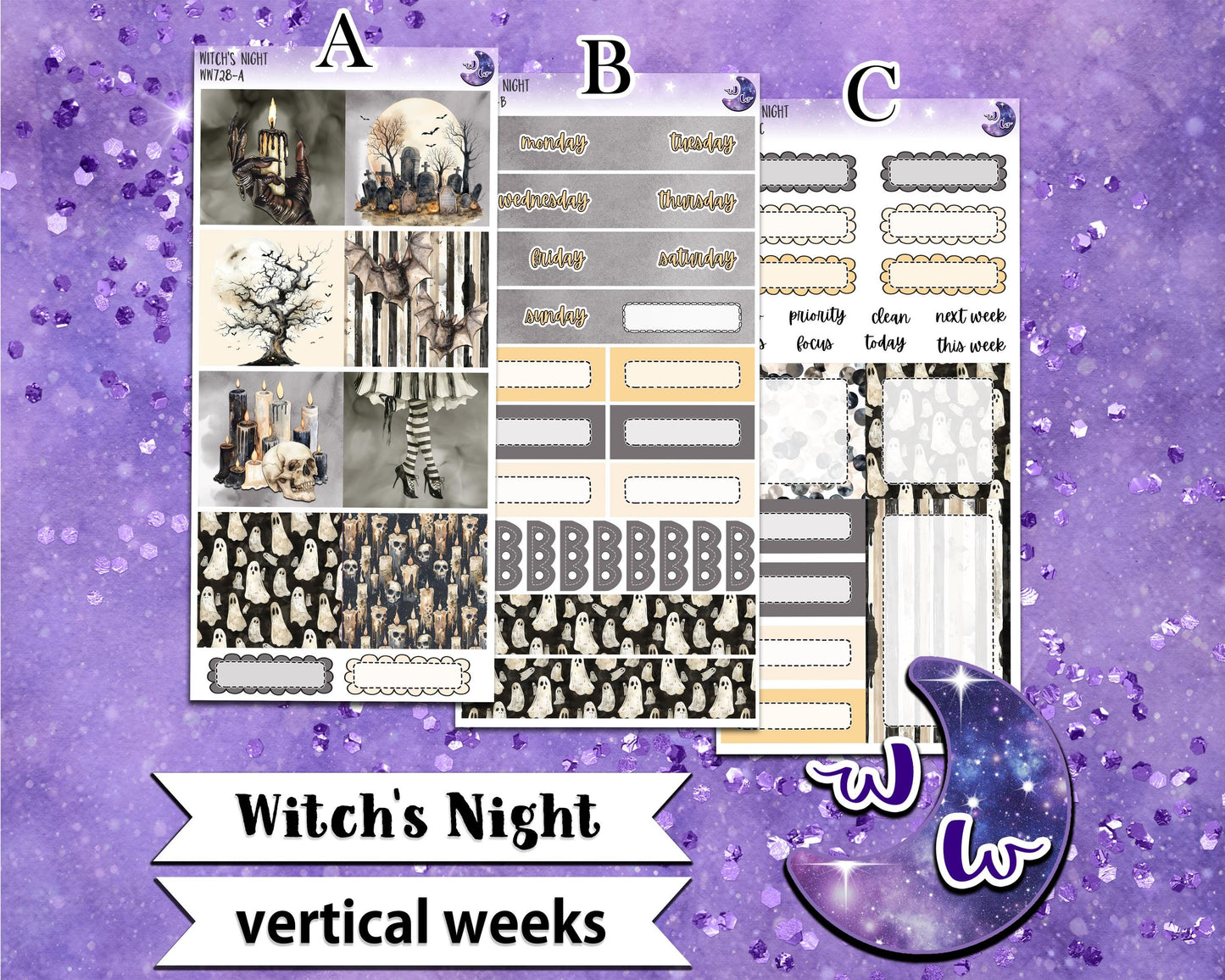 Witch's Night weekly sticker kit, VERTICAL WEEKS format, Print Pression weeks, a la carte and bundle options. WW728