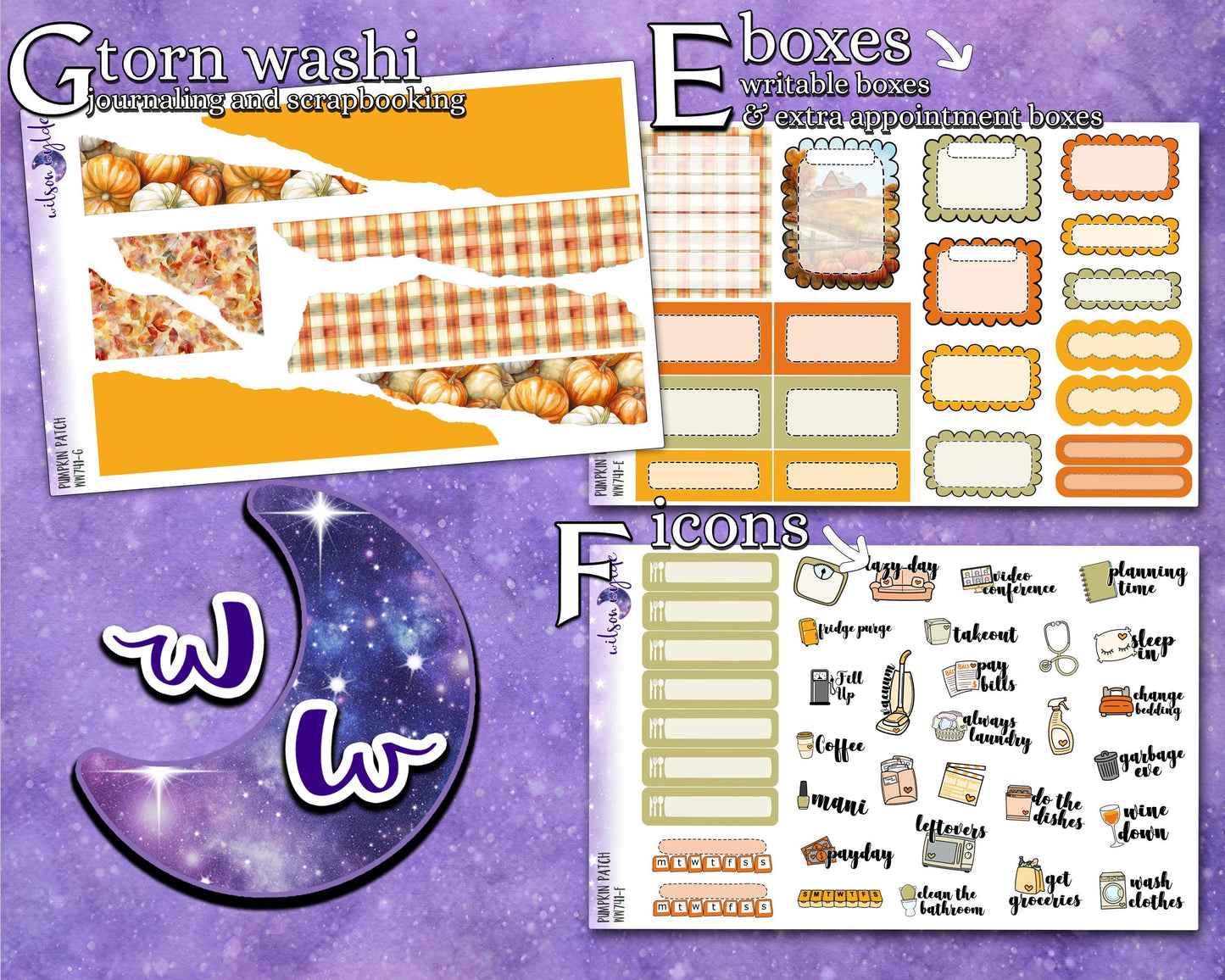 Pumpkin Patch full weekly sticker kit, STANDARD VERTICAL format, a la carte and bundle options. WW741