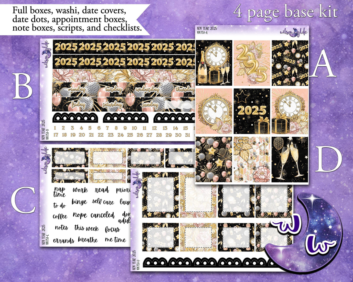 New Year 2025 weekly sticker kit, HOBONICHI COUSIN format, a la carte and bundle options. WW751