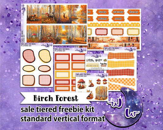 Birch Forest, tiered freebie kit, standard vertical format. 7 planner sticker sheets, includes deco, full and appointment boxes.