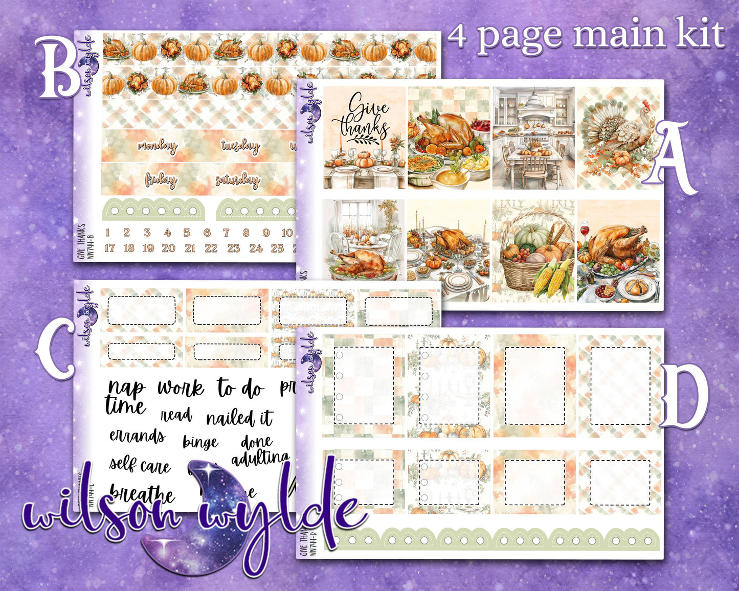 Give Thanks full weekly sticker kit, HOBONICHI COUSIN format, a la carte and bundle options. WW744