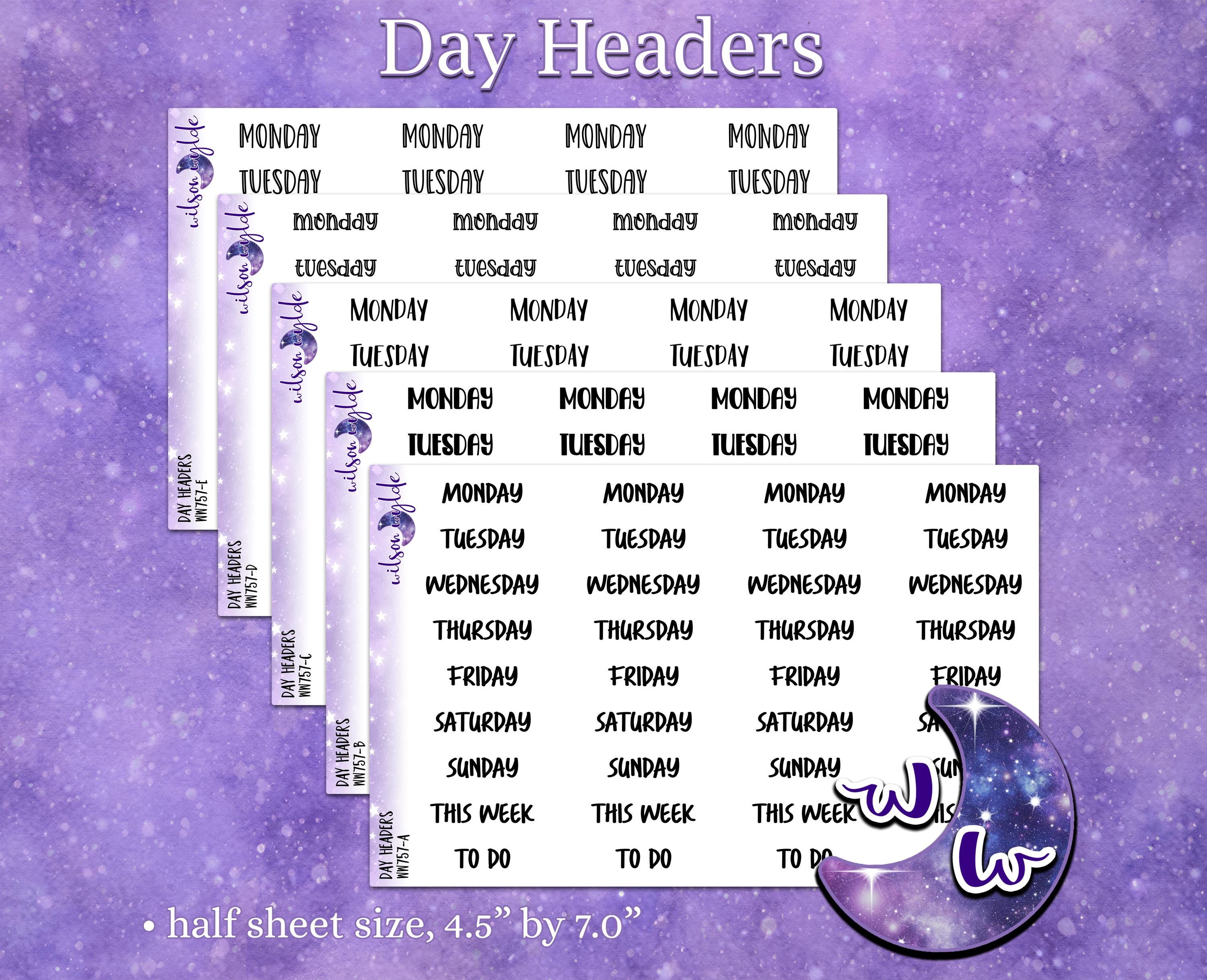 Day headers, days of the week day covers planner stickers, WW757 ...