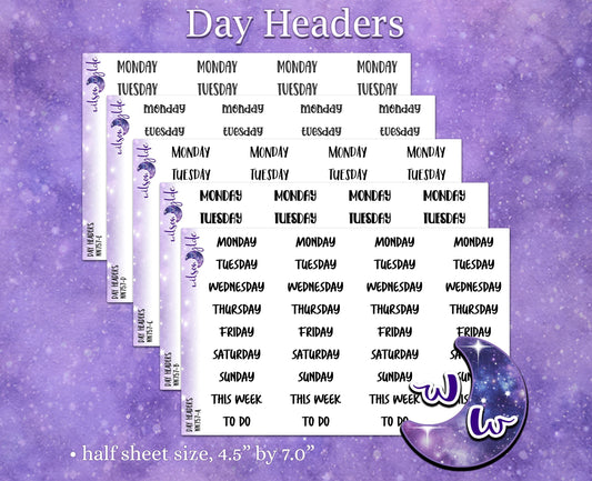 Day headers, days of the week day covers planner stickers, WW757