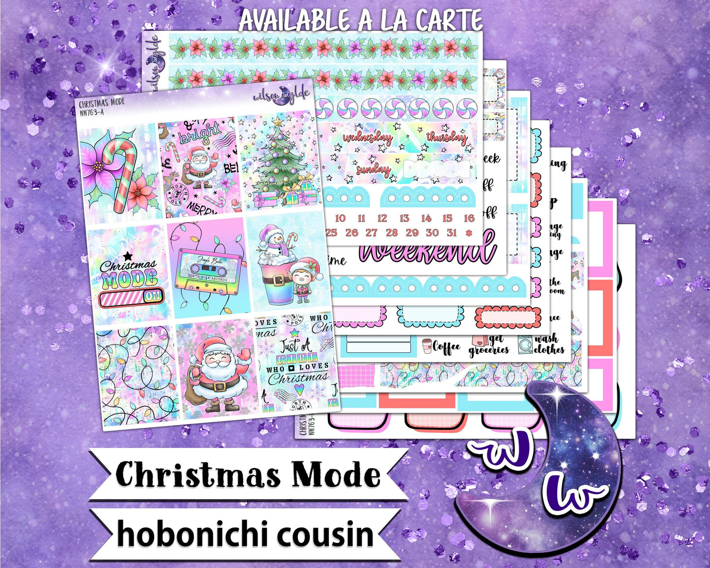 Christmas Mode weekly sticker kit, HOBONICHI COUSIN format, a la carte and bundle options. WW763