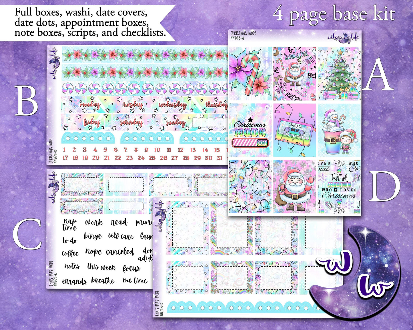 Christmas Mode weekly sticker kit, HOBONICHI COUSIN format, a la carte and bundle options. WW763